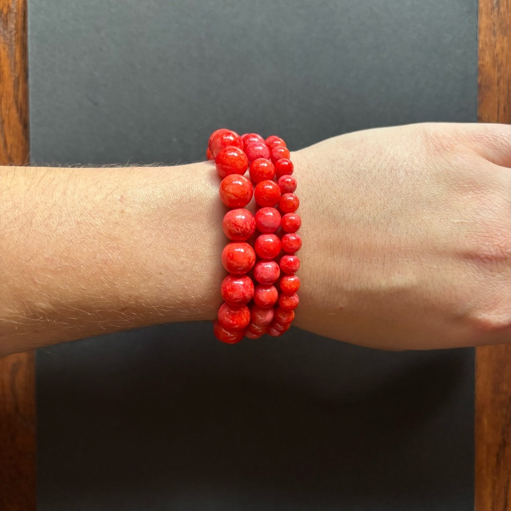 Red Coral Bead Bracelet Set | Set of 3 - Picture 4 of 6